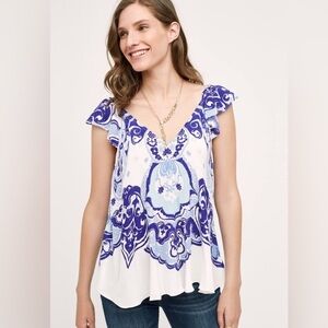 Anthropologie By Maeve Clana Blue Motif Flutter Sleeve Top ~ size 4